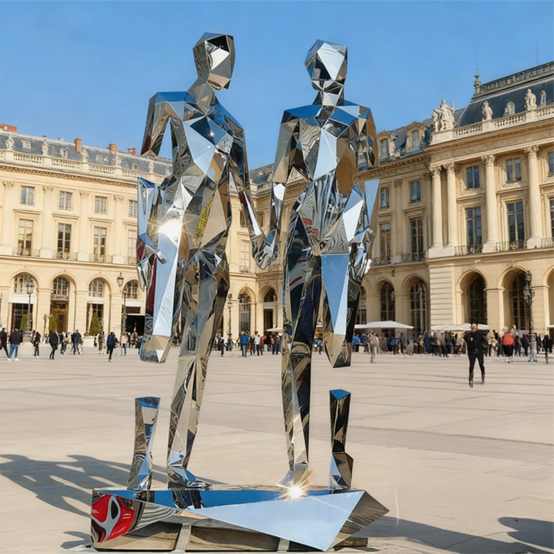 Geometric Faceted Mirror Stainless Steel Double Figure Sculpture
