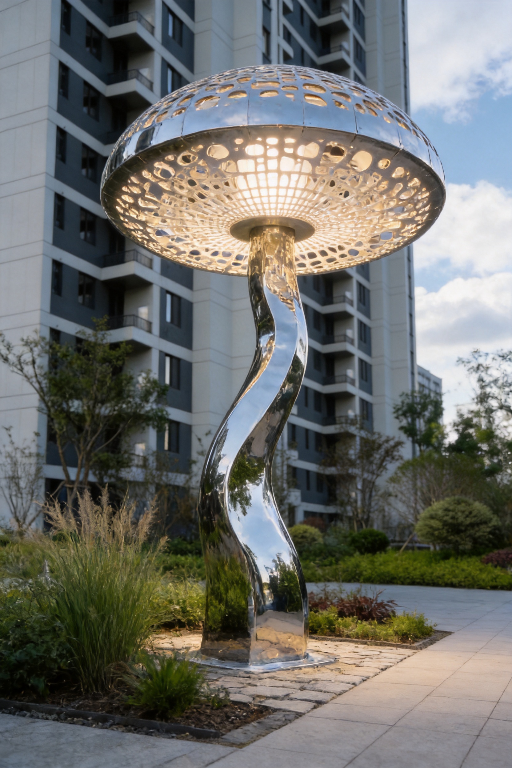 Illuminated Hollow-Out Mushroom Stainless Steel Sculpture: A Dual-Purpose Landmark for Contemporary Landscapes