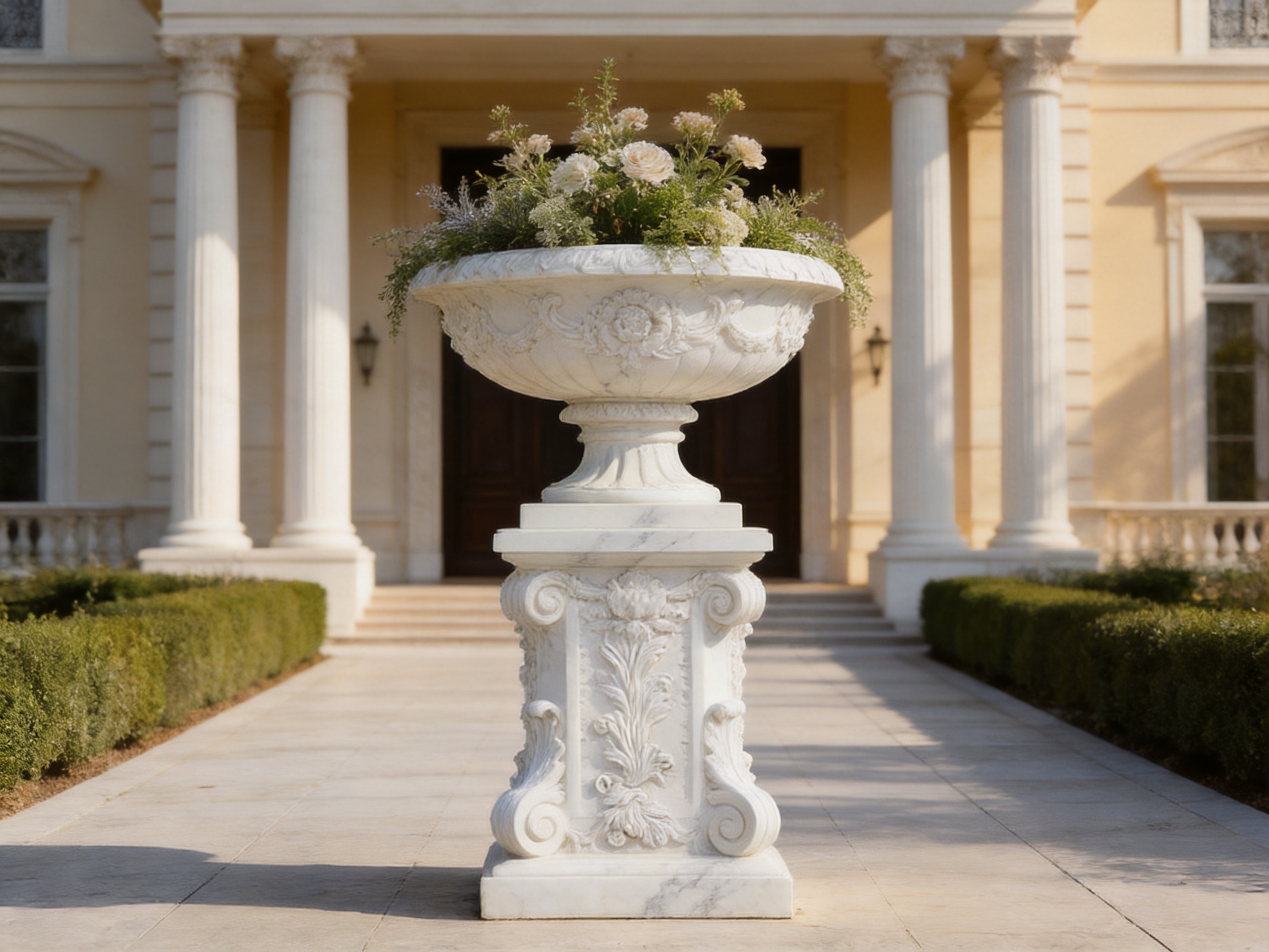 European Stone Carved Flower Planter: A Timeless Marble Statement for Refined Outdoor Spaces