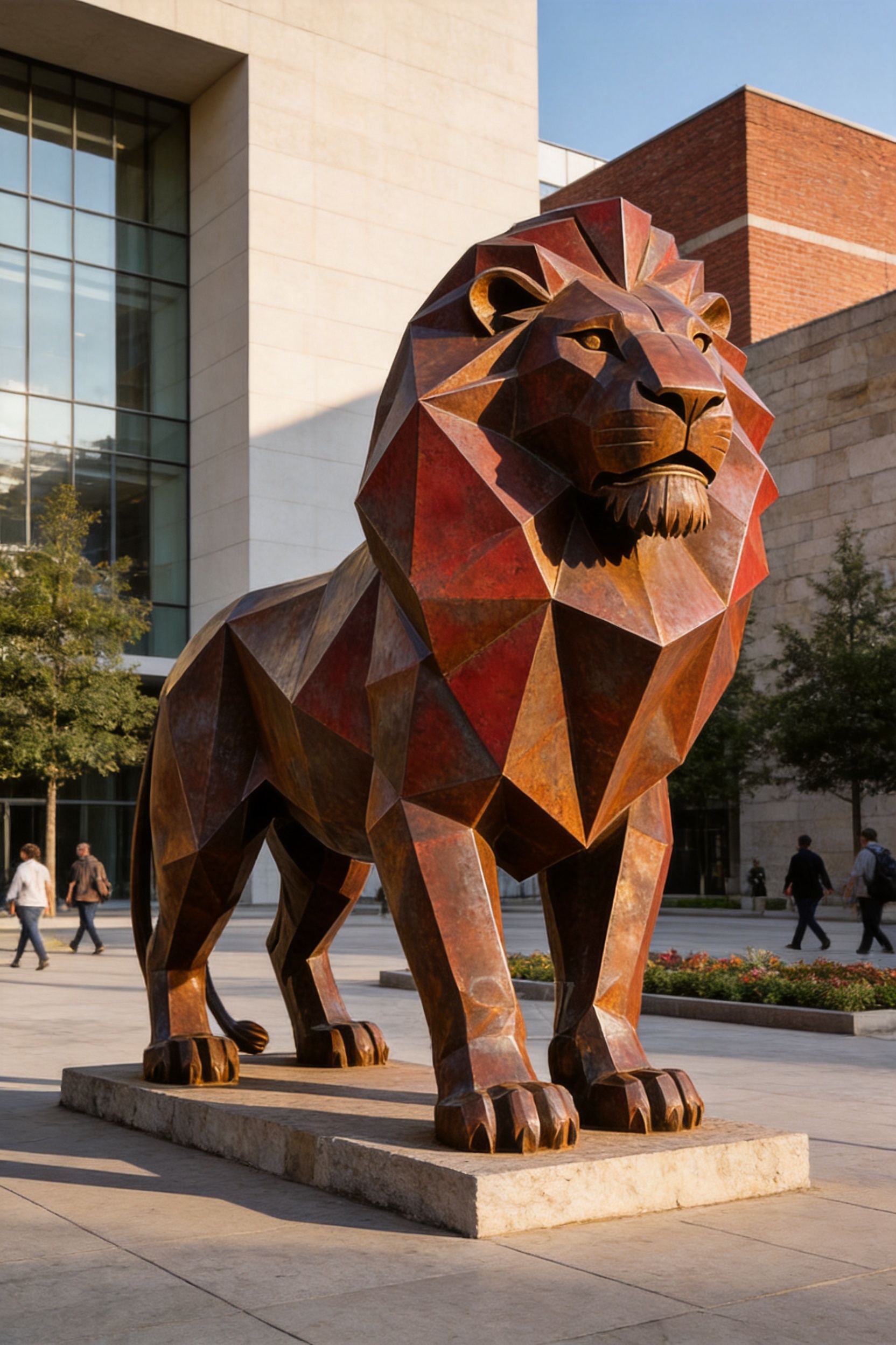 Weathering Steel Faceted Geometric Lion Sculpture for Landmark Public Spaces